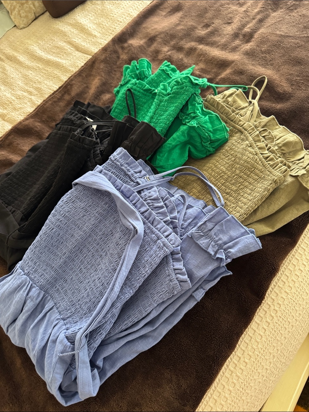 4 High-Waist Smocked Ruffle Shorts - Blue, Green, Black, olive green
